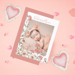 Födelsemeddelande om foto Girl Blommigt Budget Vykort<br><div class="desc">Mjuka vattenfärgade blommor från hand plockade i pinkar,  persikor och neutralt färg med inslagna viner för att accentuera ditt favoritfoto från baby. Perfekt för födelsemeddelandet till er nyfödd bebis-flicka.</div>