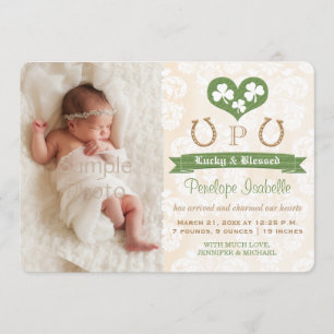 Födelsemeddelande om Monogram Shamrock & Horseshoe Meddelande