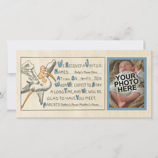 Födelsemeddelande om Retro Pojke & Stork Parents f Meddelande (Framsida)