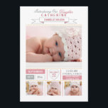 Födelsemeddelande om Rosa av ädelhusfoto Meddelande<br><div class="desc">En trendig med fyra foton av din lilla dyrbara. Den vita bakgrunden kommer till liv med rosa - och grått- accenter och rosa bakgrund. Kortet är enkelt att anpassa med text, teckensnitt, teckensnitt färg och val av sex pappra typer. Inte exakt vad du är tittar för? Alla våra produkter kan...</div>