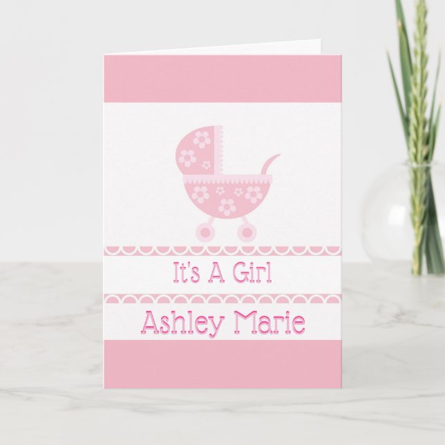 Födelsemeddelande om rosa och Vita Baby Barnvagn Kort (Framsida)