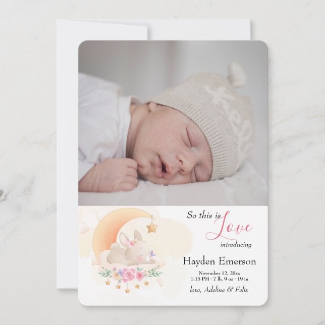 Födelsemeddelande om sovande Bunny Photo Birth Meddelande (Framsida)