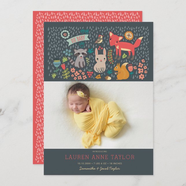 Födelsemeddelande om trädsdjur Nyfödd bebis Inbjudningar (Fram/baksida)