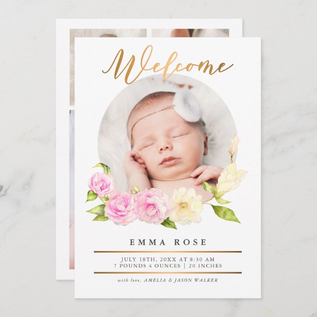 Födelsemeddelande om vattenfärg Blommigt Guld Inbjudningar (Fram/baksida)