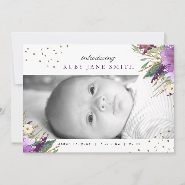 Födelsemeddelande om vattenfärg Lila Guld Glitter Meddelande (Framsida)