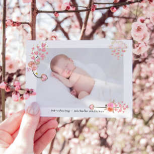 Födelsemeddelande om vattenfärg Rosa Hearts Baby Julkort