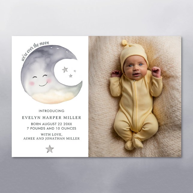 Födelsemeddelande över vattenfärgskortet Måne Meddelande (Over the moon whimsical birth announcement card)