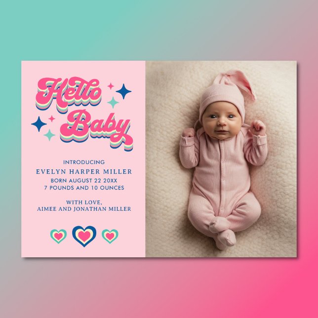 Födelsemeddelande Retro Groovy Hej Baby Card Meddelande (Groovy hello baby birth announcement card)