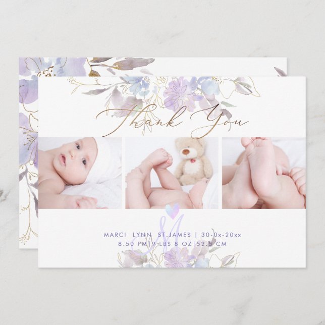 Födelsemeddelande Shower Tack U Lila Sweet Pea Inbjudningar (Fram/baksida)