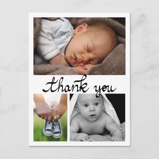 Födelsemeddelande Tack Modern 3Foton Vykort (Framsida)