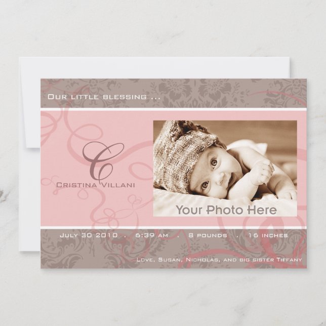Födelsemeddelande vid Ribbon rosa baby Meddelande (Framsida)