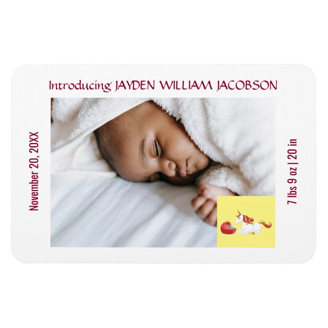 Födelsemeddelandet Cute Elegant Unicorn Birth Magnet (Horisontell)