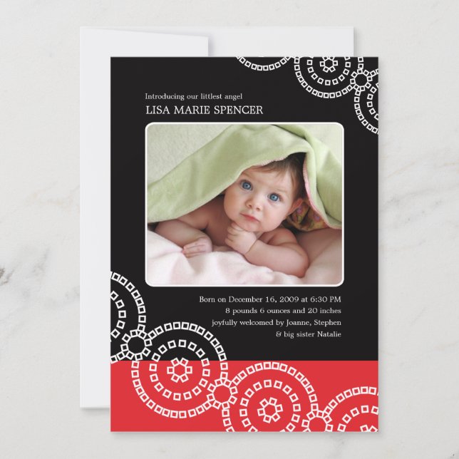 Födelsemeddelandet Photo Baby Black Bandhini Meddelande (Framsida)