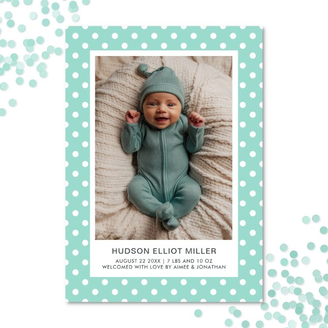 Födelsemeddelandet Polka dots Aqua Modern Card Meddelande (Polka dot birth announcement card in aqua)