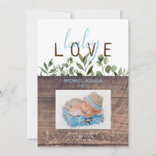 Födelsemeddelandet Rustic Baby Kärlek Wood Boy Pho Inbjudningar