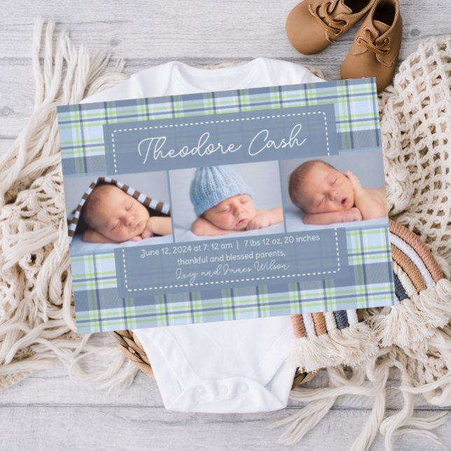 Födelsemeddelandet Sweet Pojke Play Baby Meddelande (Blue Baby Birth Announcement, boy birth announcement, birth announcement template, plaid birth )