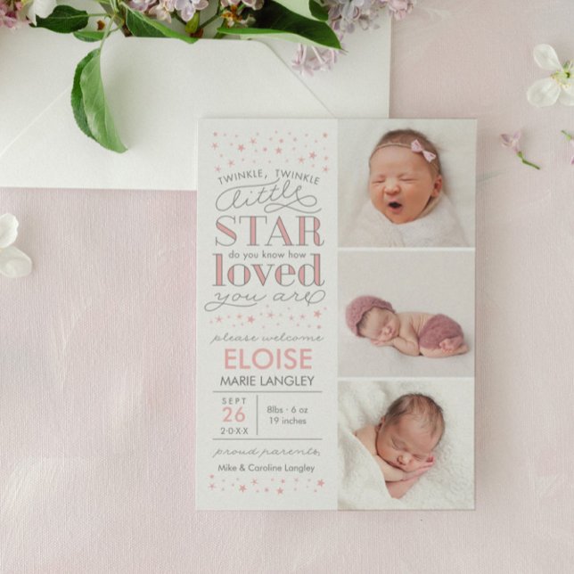 Födelsemeddelandet Twinkle Multi Photo Flicka Meddelande (little girl birth announcement)