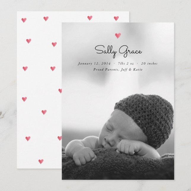 Födelsemeddelandet Watercolor Heart Photo Baby Meddelande (Fram/baksida)