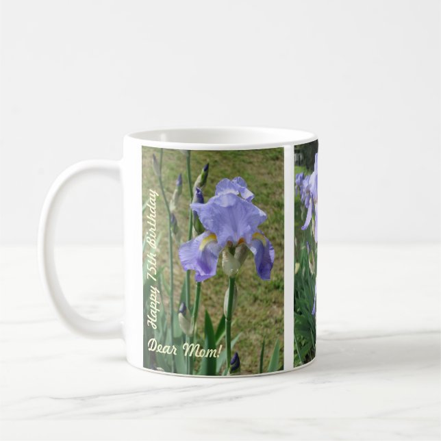 Födelsemugg till mamma med blå-mauve iris kaffemugg (Vänster)
