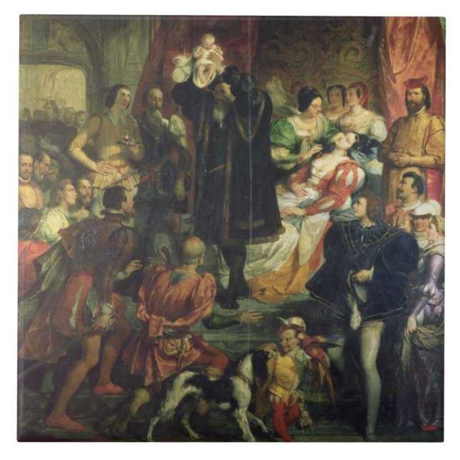 Födelsen av den Henri droppen (1553-1610) på Kakelplatta (Framsidan)