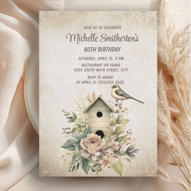 Födelseort, botaniskt naturen 80:e födelsedagen inbjudningar (Rustic, vintage birdhouse women's 80th birthday party invitation)