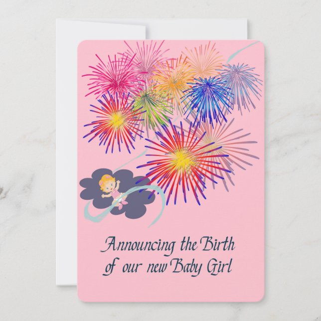 Födelseort för Nyfödd bebis Girl med Fireworks Inbjudningar (Framsida)