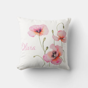 Födelseort i augusti Rosa poppy Watercolor Blommig Kudde