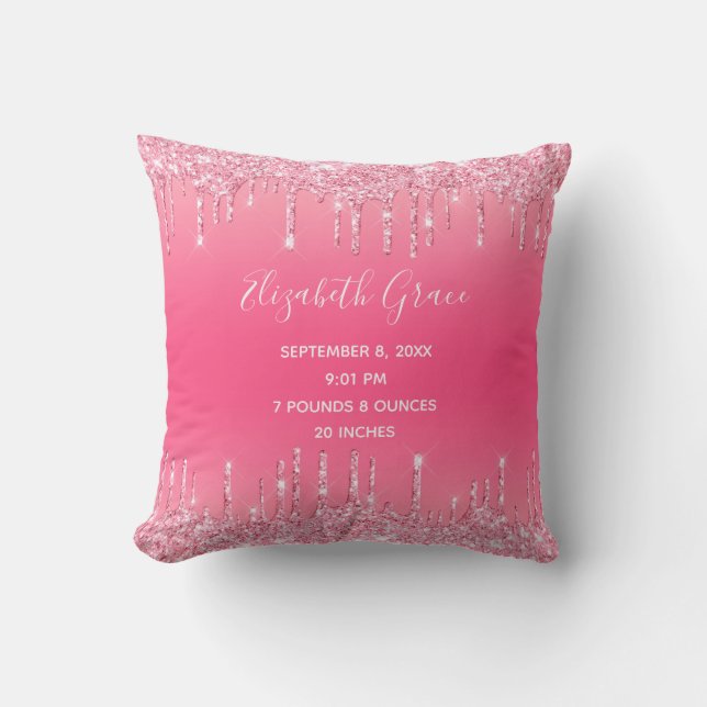 Födelsestadistik Rosa Glittrande Babyflicka Trendi Kudde (Framsida)