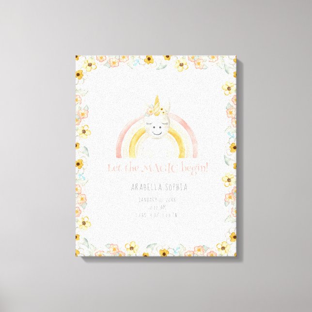 Födelsestatistik Magisk Enhörning Babyflicka Water Canvastryck (Framsida)