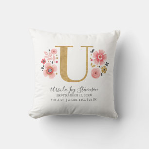 Födelsetalen Brev U Rosa Blommigt Monogram Initial Kudde