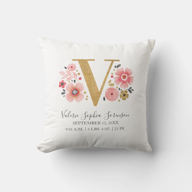 Födelsetalen Brev V Rosa Blommigt Monogram Initial Kudde (Framsida)