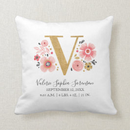 Födelsetalen Brev V Rosa Blommigt Monogram Initial Kudde