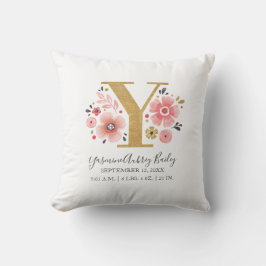 Födelsetalen Brev Y Rosa Blommigt Monogram Initial Kudde