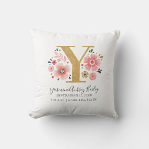 Födelsetalen Brev Y Rosa Blommigt Monogram Initial Kudde