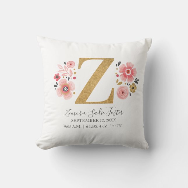 Födelsetalen Brev Z Rosa Blommigt Monogram Initial Kudde (Framsida)