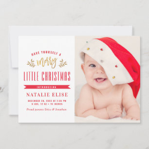 Födelsetillkännagivande om röd typografi i baby he julkort
