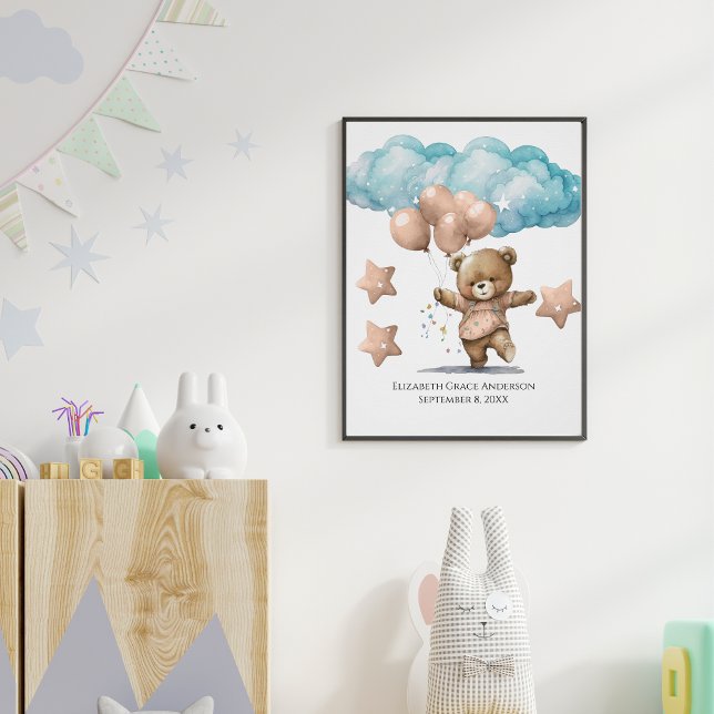 Födelsetter Rosa Baby Bear Clouds Nursery Wall Art Poster (Skapare uppladdad)