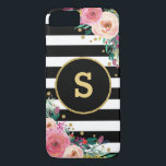 Fodral för iPhone 7 Boho för chic blom-<br><div class="desc">Detta fodral presenterar snyggtsvart,  & det guld görade randig mönster som smyckas med bohemmet inspirerad rodna rosa- och persikavintagevattenfärg,  blommar. Du kan skräddarsy monogramen med ditt initialt,  ändra stilsorten,  färga och/eller storleksanpassa.</div>