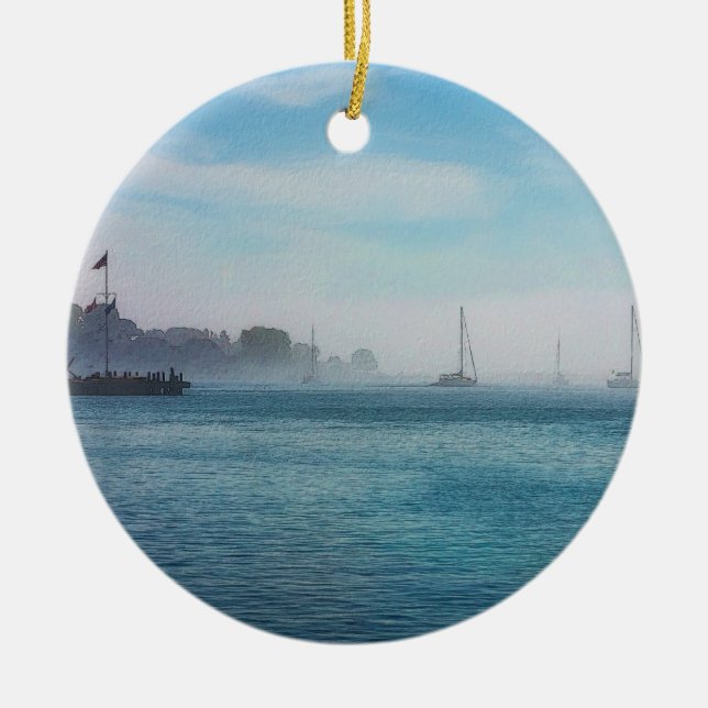 Fog vid hamnen i Mackinac Julgransprydnad Keramik (Framsidan)