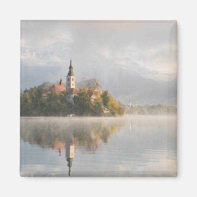 Foggy Bled Sjö sunrise magnet (Framsidan)