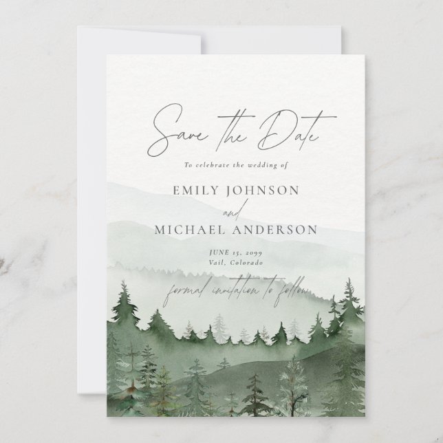 Foggy Forest Pine Tree Save the Date CARD Inbjudningar (Framsida)