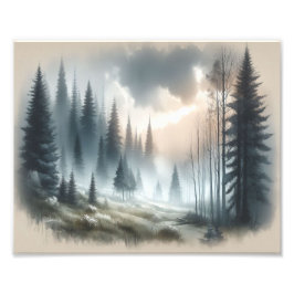 Foggy Forest Träd Landcape Painting Fototryck