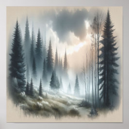 Foggy Forest Träd Landcape Painting Poster