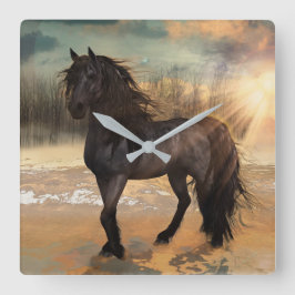 Foggy Friesian Morgon - Häst Fyrkantig Klocka