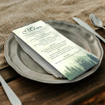 Foggy Grönt Gräs Träd Rustic Elegance Bröllop Meny<br><div class="desc">Menyn bröllop är enkel,  rustik och elegant. Den har en kalligrafititel för finare-manuset med en skogsbergsbakgrund i grönt gräs träd som är täckt av dimma eller dimma. Baksidan är en djup marmorerad grönt färg. Perfekt för en mottagning utomhus.</div>