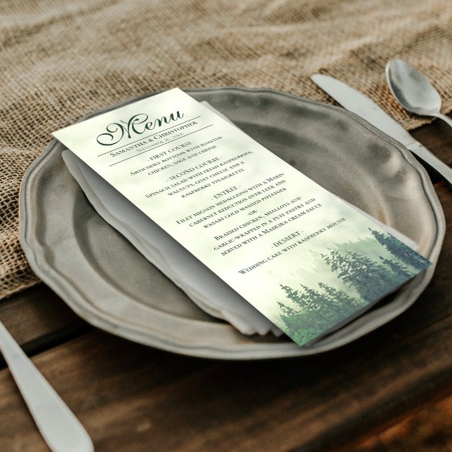 Foggy Grönt Gräs Träd Rustic Elegance Bröllop Meny (In Situ on Plate)