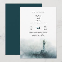 Foggy Lighthouse Morgon Watercolor Beach Wedding Inbjudningar