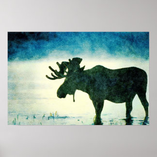 Foggy Moose Silhouette Watercolor Painting Poster