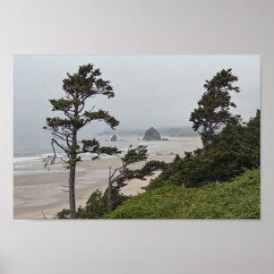 Foggy Morgon på Cannon Beach, Oregon Poster