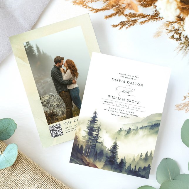 Foggy Mountain Gräs Rustic QR Code Bröllop Inbjudningar (Foggy Mountains Woodland Wedding Photo Invitation)